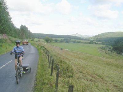 Terry, pedaling hard on a long uphill climb.